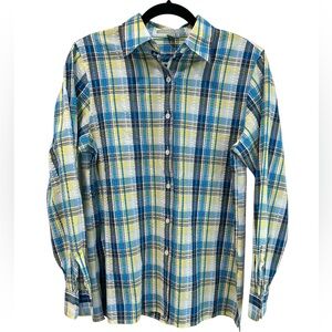 Foxcroft plaid‎ button down long sleeve shirt, size 6, blue, yellow and white